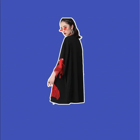 Black Fish Embroidered Pullover Loose Fit Knee Length Spring /Summer Shirt Dress - Picture 4 of 4